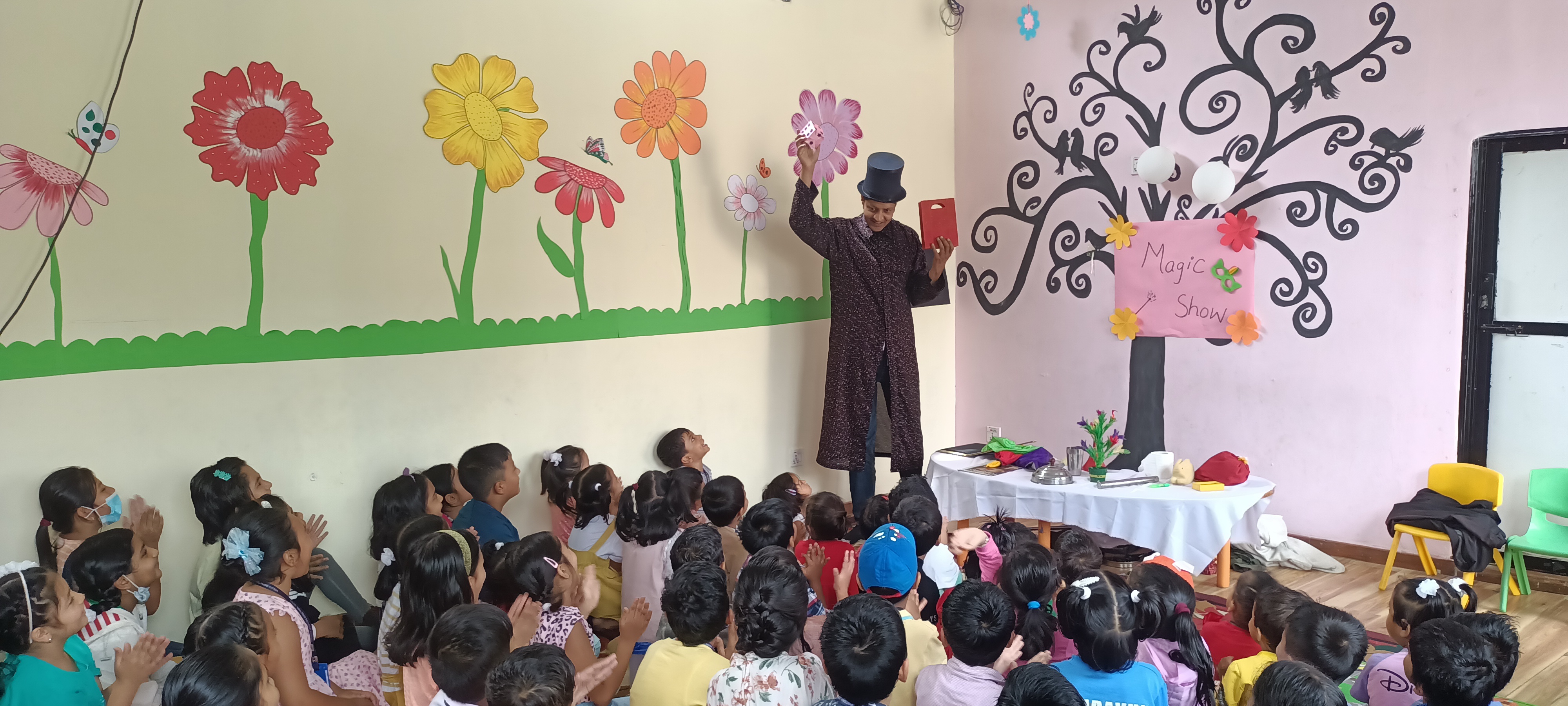 Magic performance for a large group of children